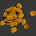 Orange Potato Chips In Transparent Bowl With Scattered Pieces And Reflection On Dark Background