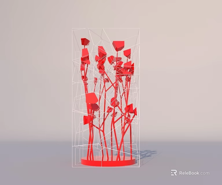 Decorative Red Garden Ornament Featuring Transparent Grid Frame And Vertical Flower Stems 3d model
