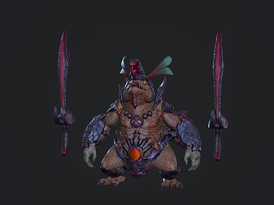 Fantasy Armored Monster Game Character With Dual Red Swords Green Accents And Orange Core 3d model