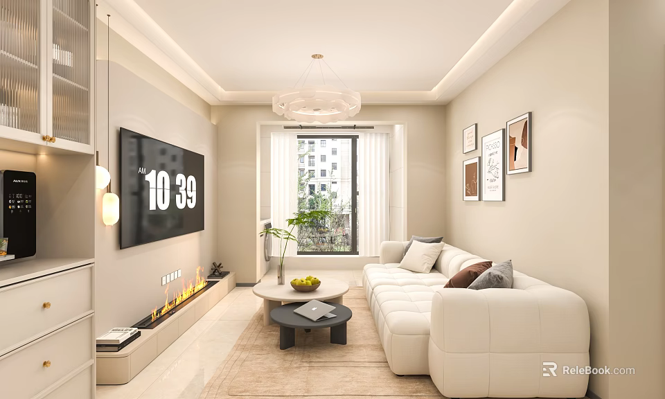 Modern Living Dining Room Interior With White Sofa Coffee Table TV Chandelier And Decorative Paintings 3d model 