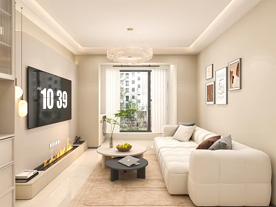 Modern Living Dining Room Interior With White Sofa Coffee Table TV Chandelier And Decorative Paintings 3d model