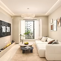Modern Living Dining Room Interior With White Sofa Coffee Table TV Chandelier And Decorative Paintings