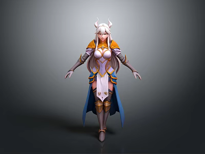 Fantasy Anime Style Woman With White Horns And Orange Blue Outfit 3d model