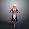 Fantasy Anime Style Woman With White Horns And Orange Blue Outfit