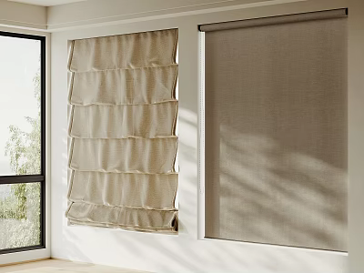 Beige Pleated Curtains And Gray Roller Blinds With Linen Texture Tree Shadows In Room Interior Design 3d model