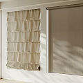 Beige Pleated Curtains And Gray Roller Blinds With Linen Texture Tree Shadows In Room Interior Design