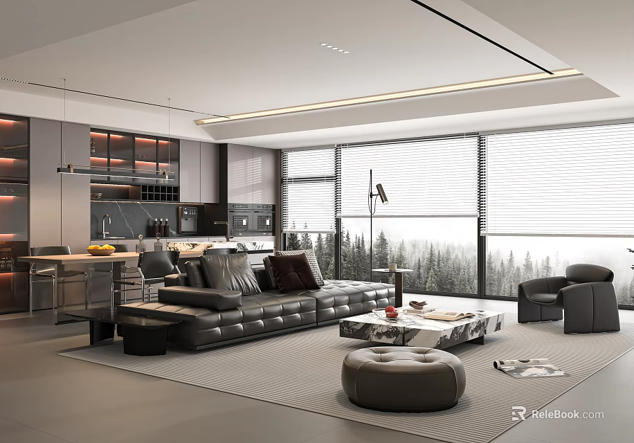 Modern Living And Dining Room Interior With Open Kitchen Black Leather Sofa And Large Windows 3d model 