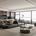 Modern Living And Dining Room Interior With Open Kitchen Black Leather Sofa And Large Windows