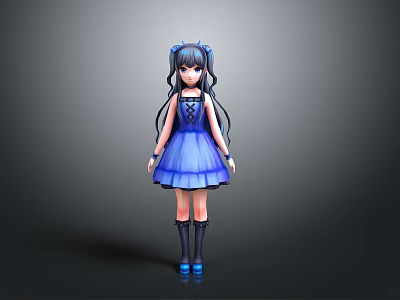 Anime Style Game Character With Blue Dress And Twin Ponytails 3d model