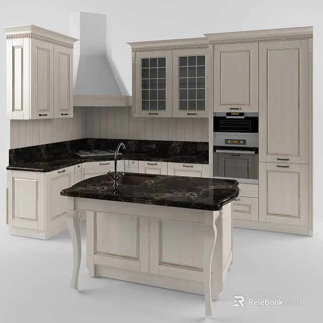 Modern Kitchen Interior With White Cabinets Black Marble Countertops And Island 3d model 