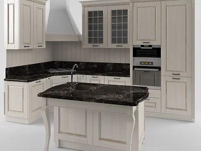 Modern Kitchen Interior With White Cabinets Black Marble Countertops And Island 3d model