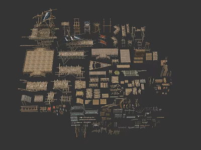 Wooden Scene Construction Components With Planks Frames Platforms And Assorted Structures 3d model
