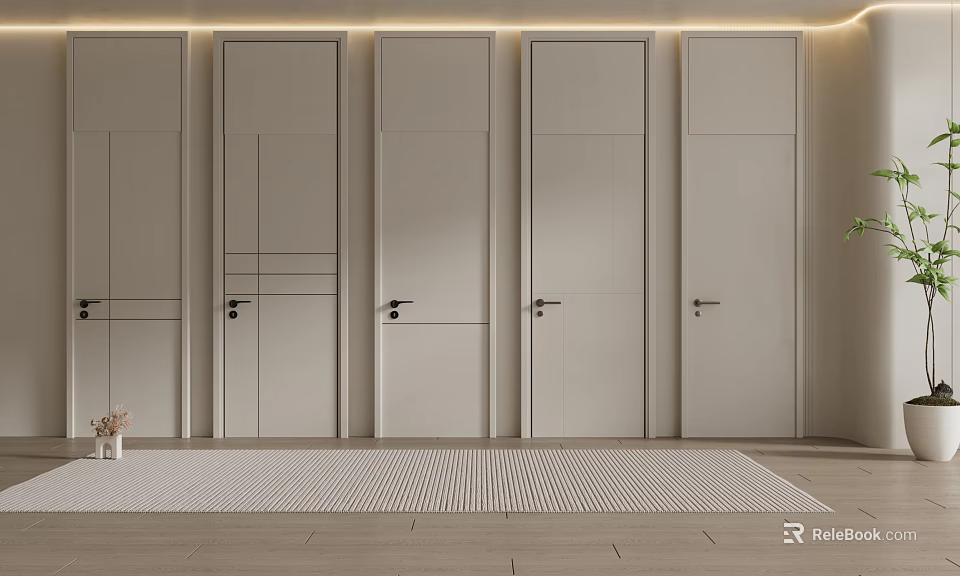 Modern Minimalist Light Colored Swing Doors Neatly Arranged In Interior With Wooden Floor Mat 3d model 