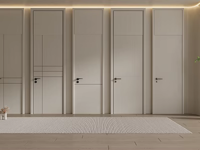 Modern Minimalist Light Colored Swing Doors Neatly Arranged In Interior With Wooden Floor Mat 3d model