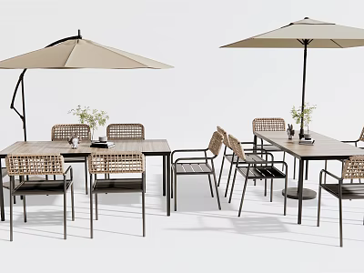 Outdoor Rattan Table And Chair Set With Umbrella And Decorative Flowers 3d model