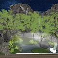 Garden Feature with Green Trees Rocks Waterfall and Pond Under Starry Sky