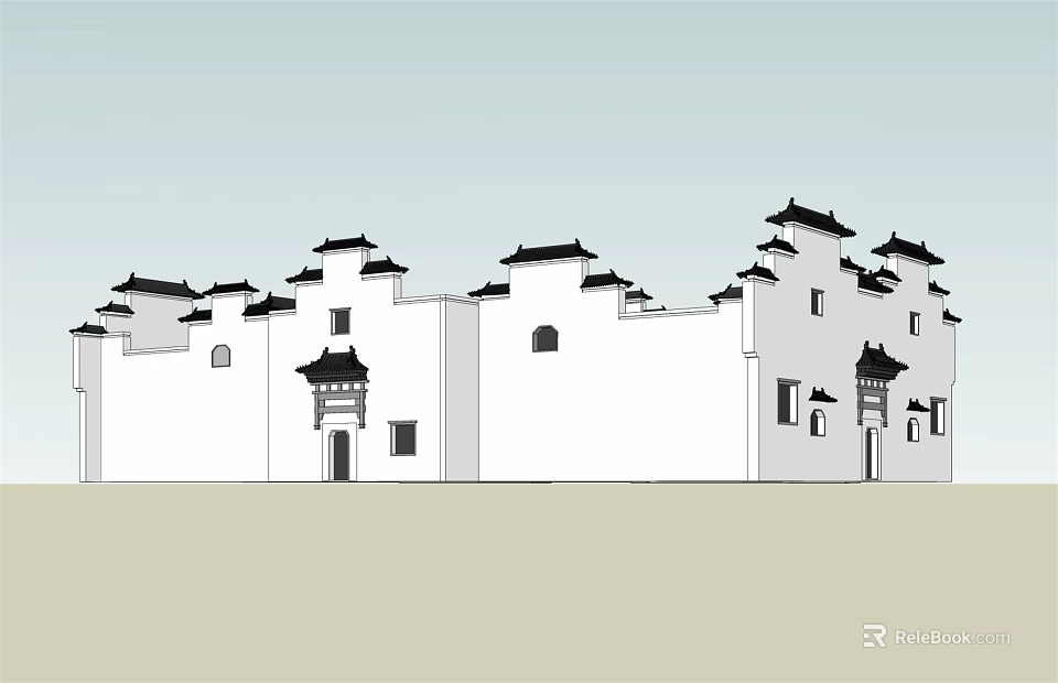 Traditional Chinese Architecture With White Walls Black Roofs And Symmetric Layout Design 3d model 
