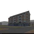 Modern Multi Storey Residential Building with Balconies Ground Floor Shops Greenery and Parking Area