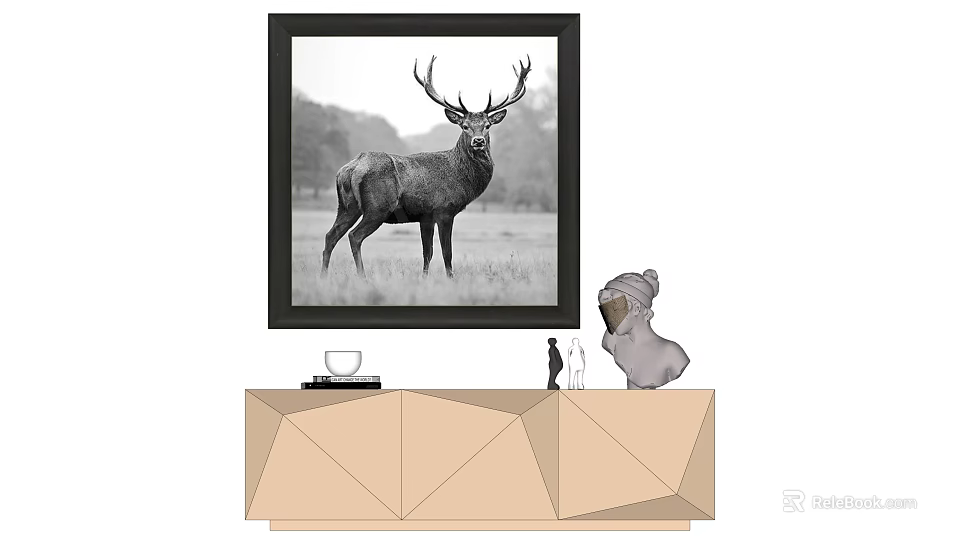 Black And White Deer Painting Above Geometric Cabinet With Decorative Items 3d model 