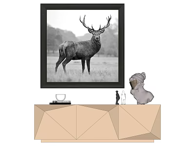 Black And White Deer Painting Above Geometric Cabinet With Decorative Items 3d model