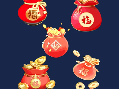 Red Fortune Bags With Chinese Fu Characters And Spilled Gold Coins 3d model