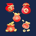 Red Fortune Bags With Chinese Fu Characters And Spilled Gold Coins