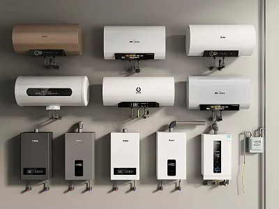 Household Water Heaters With Different Designs And Styles Mounted On Wall 3d model
