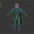 Futuristic Armored Character Standing In Dark Blue Armor With Yellow Accents And Cloak