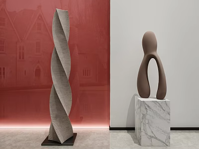 Spiral And Abstract Human Figure Sculptures On Marble Bases With Red Wall Background 3d model