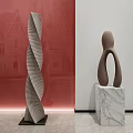 Spiral And Abstract Human Figure Sculptures On Marble Bases With Red Wall Background