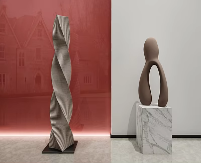 Spiral And Abstract Human Figure Sculptures On Marble Bases With Red Wall Background 3d model