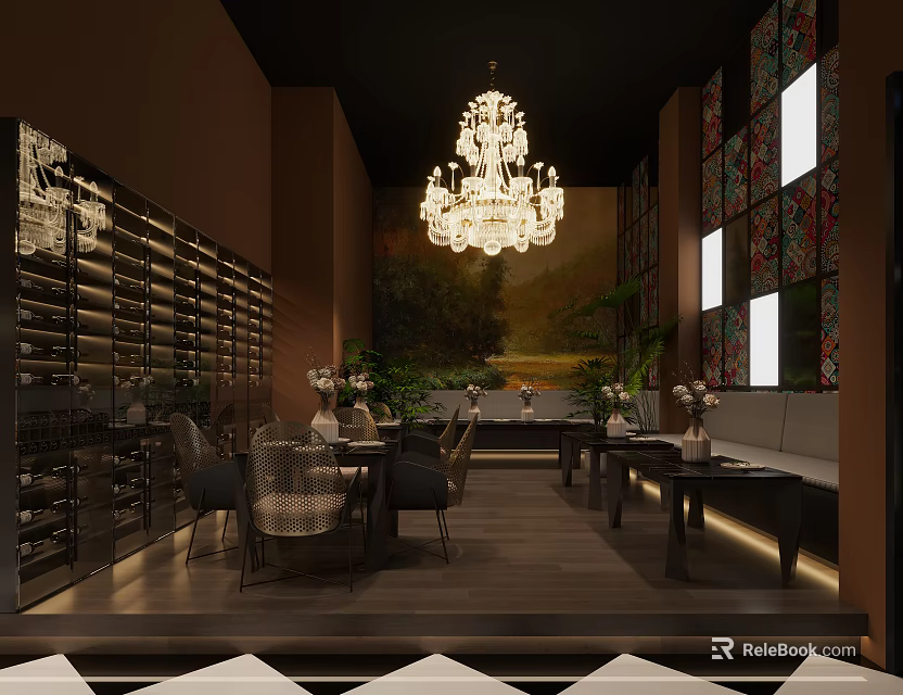 Elegant Dining Room Interior With Chandelier Dining Table Wine Rack And Colorful Wall Panels 3d model 
