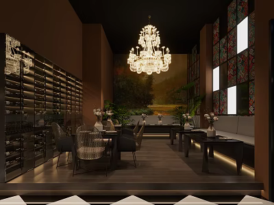 Elegant Dining Room Interior With Chandelier Dining Table Wine Rack And Colorful Wall Panels 3d model