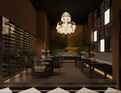 Elegant Dining Room Interior With Chandelier Dining Table Wine Rack And Colorful Wall Panels 3d model