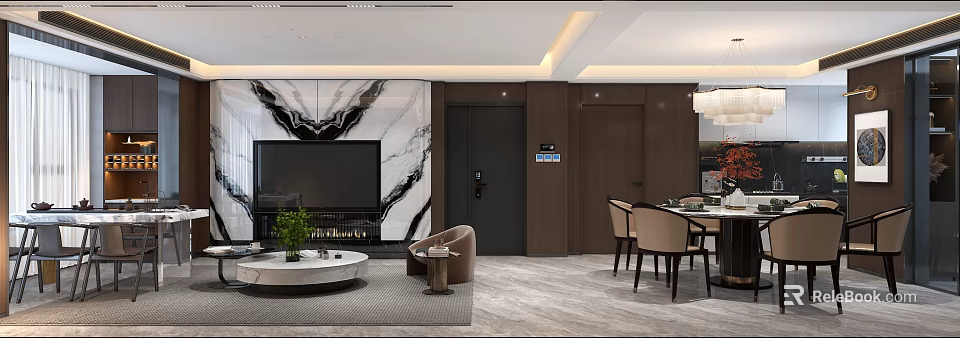 Modern Luxury Open Living And Dining Room Interior With Marble TV Wall And Cozy Furnishings 3d model 