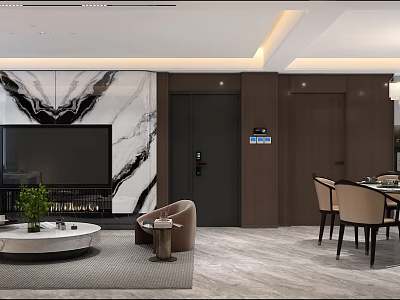 Modern Luxury Open Living And Dining Room Interior With Marble TV Wall And Cozy Furnishings 3d model