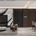 Modern Luxury Open Living And Dining Room Interior With Marble TV Wall And Cozy Furnishings