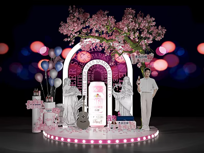 Decorative Display Platform With Pink Cherry Blossom Tree Archway Balloons Cake Model And Pink Lighting 3d model
