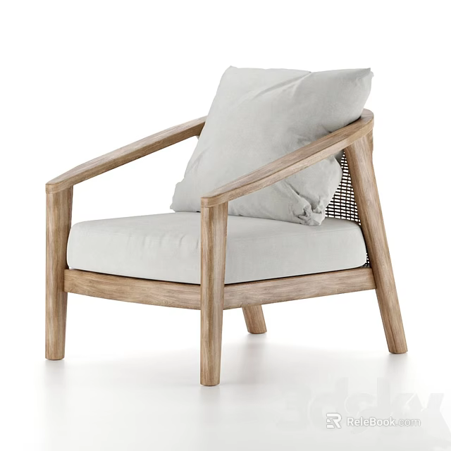 Comfortable Lounge Chair With Wooden Frame Light Colored Fabric Cushion And Woven Backrest 3d model 