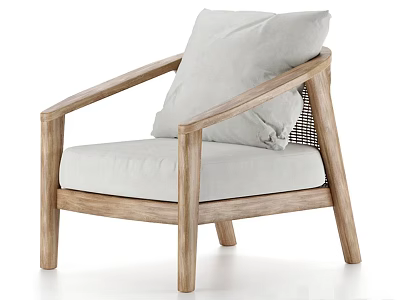 Comfortable Lounge Chair With Wooden Frame Light Colored Fabric Cushion And Woven Backrest 3d model