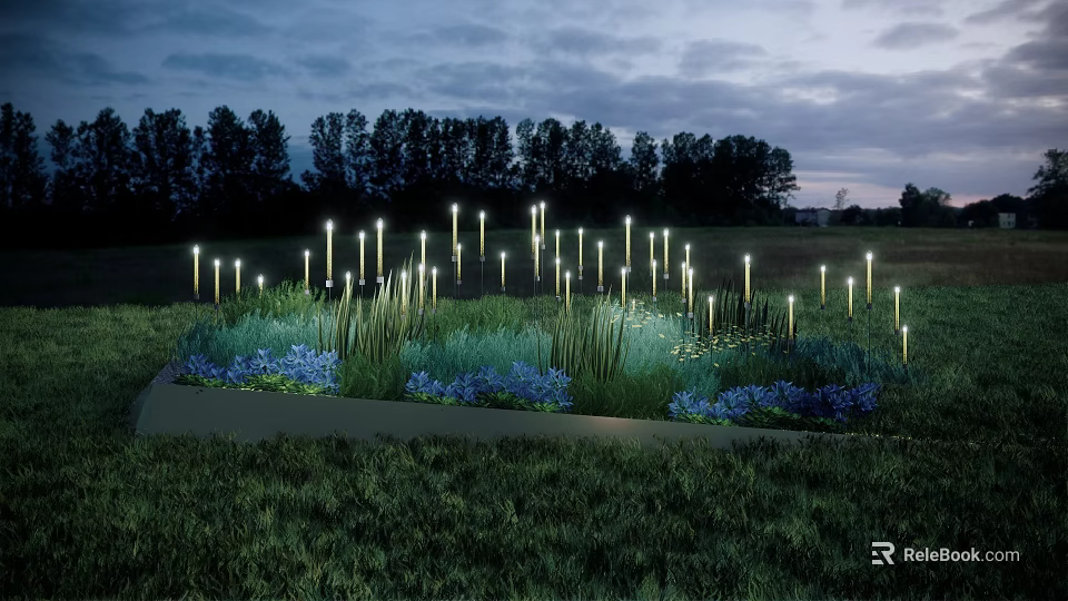 Outdoor Lights Illuminating Garden with Blue Flowers and Green Grass Under Cloudy Sky 3d model 