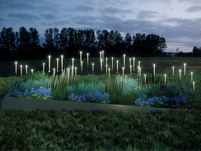 Outdoor Lights Illuminating Garden with Blue Flowers and Green Grass Under Cloudy Sky 3d model