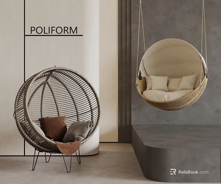 Poliform Modern Rattan Seating With Round Hanging Chair And Floor Chair 3d model 