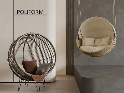 Poliform Modern Rattan Seating With Round Hanging Chair And Floor Chair 3d model