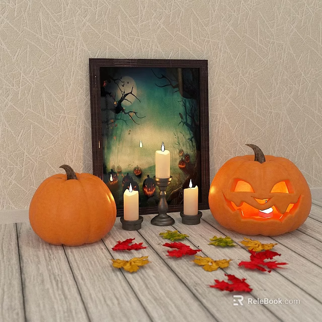 Halloween Candle Lamp With Carved Pumpkin Regular Pumpkin And Fall Leaves Decoration 3d model 