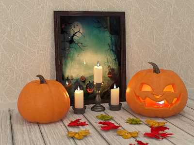 Halloween Candle Lamp With Carved Pumpkin Regular Pumpkin And Fall Leaves Decoration 3d model