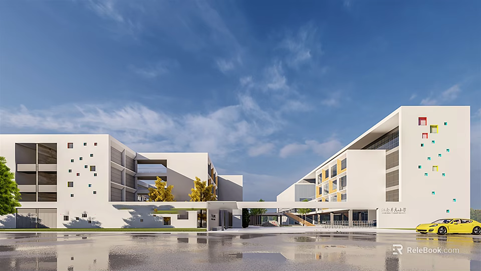 Modern White Multi story School Building With Plaza Trees And Clear Blue Sky 3d model 