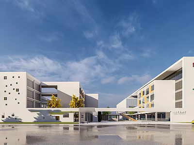 Modern White Multi story School Building With Plaza Trees And Clear Blue Sky 3d model