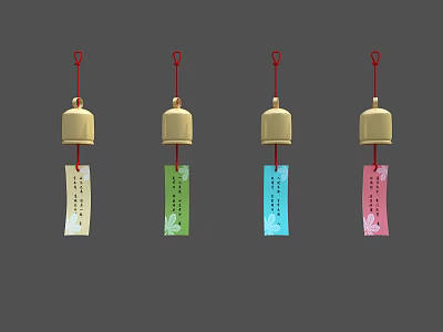 Decorative Wind Chimes With Golden Bells And Colored Paper Strips With Inscriptions 3d model