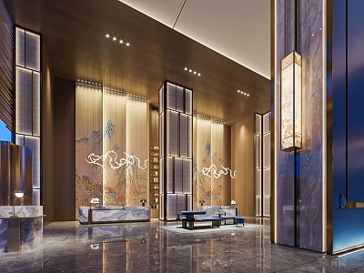 Luxury Hotel Lobby Interior With Decorative Wall Marble Columns Reception Desk And Ambient Lighting 3d model